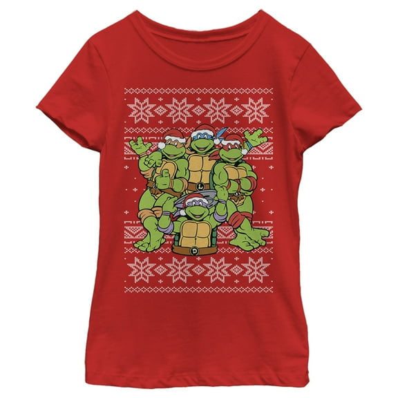 Girl's Teenage Mutant Ninja Turtles Ugly Christmas Sweater  Graphic Tee Red Large