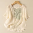 thumbnail image 1 of Fiudx Camisas de Mujer Blusa de Lino con Cuello Redondo y Manga Corta para Mujer, Blusa Holgada Informal con Bordado Estampado de Primavera y Verano, 1 of 7