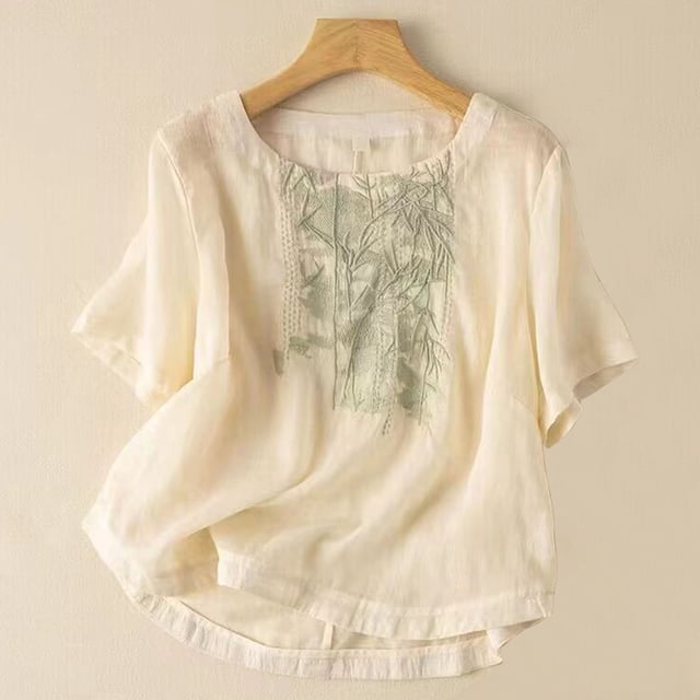 Fiudx Camisas de Mujer Blusa de Lino con Cuello Redondo y Manga Corta para Mujer, Blusa Holgada Informal con Bordado Estampado de Primavera y Verano