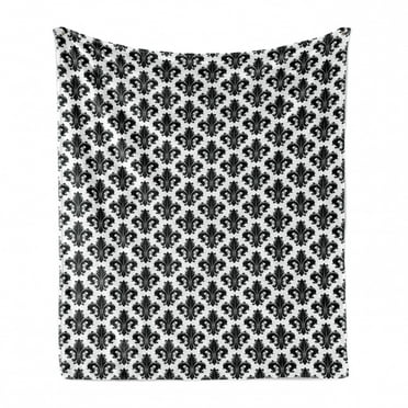Fleur De Lis Soft Flannel Fleece Blanket, Monochrome Royal Lily Pattern Victorian Inspiration Ornamental Vintage Design, Cozy Plush for Indoor and Outdoor Use, 50" x 70", Black White, by Ambesonne
