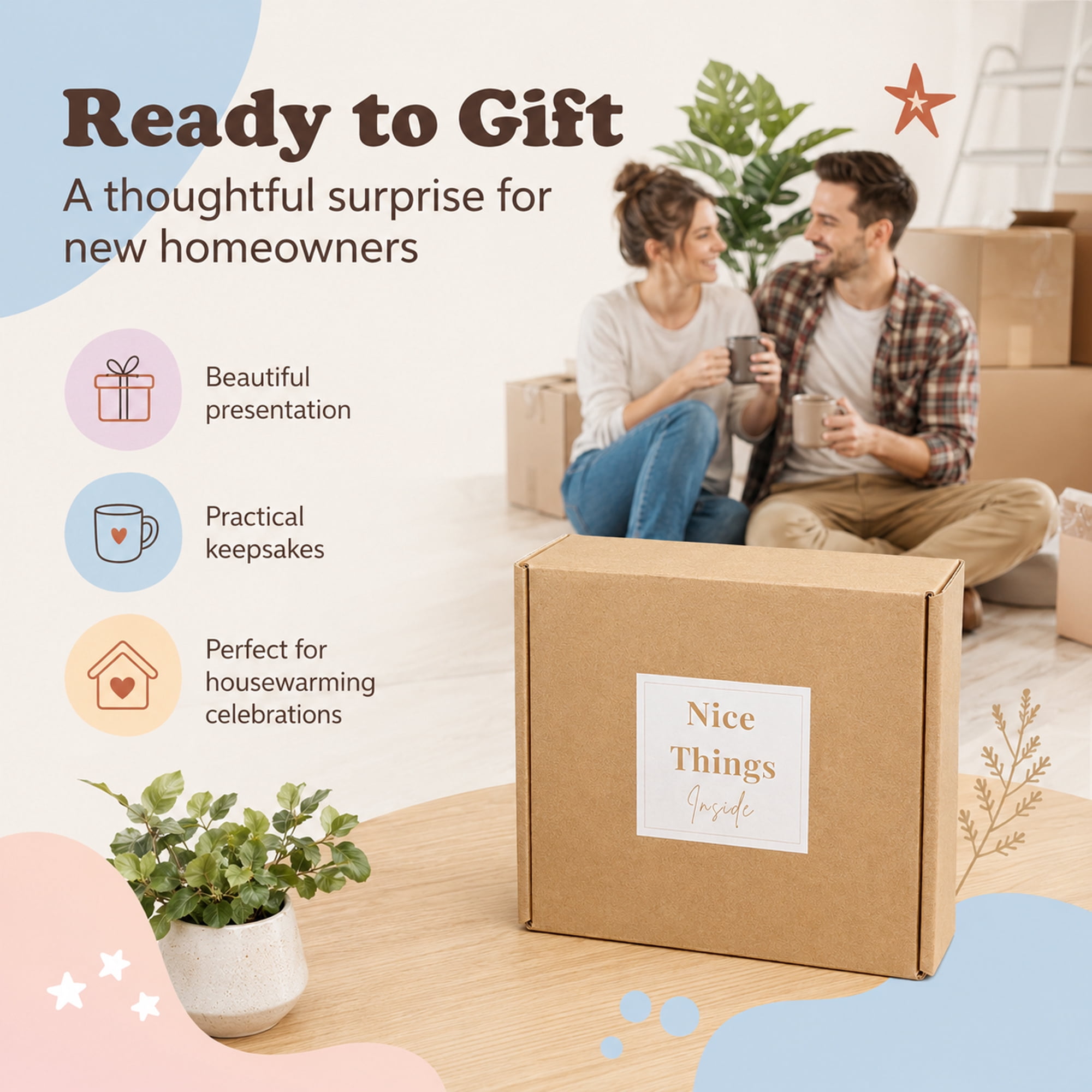 Housewarming Gift Set for New Home, 8-Piece New Home Gift Box with Ceramic Mug, Coasters, Bottle Opener, Keychain, Cleaning Cloth, Tabletop Sign and Greeting Card
