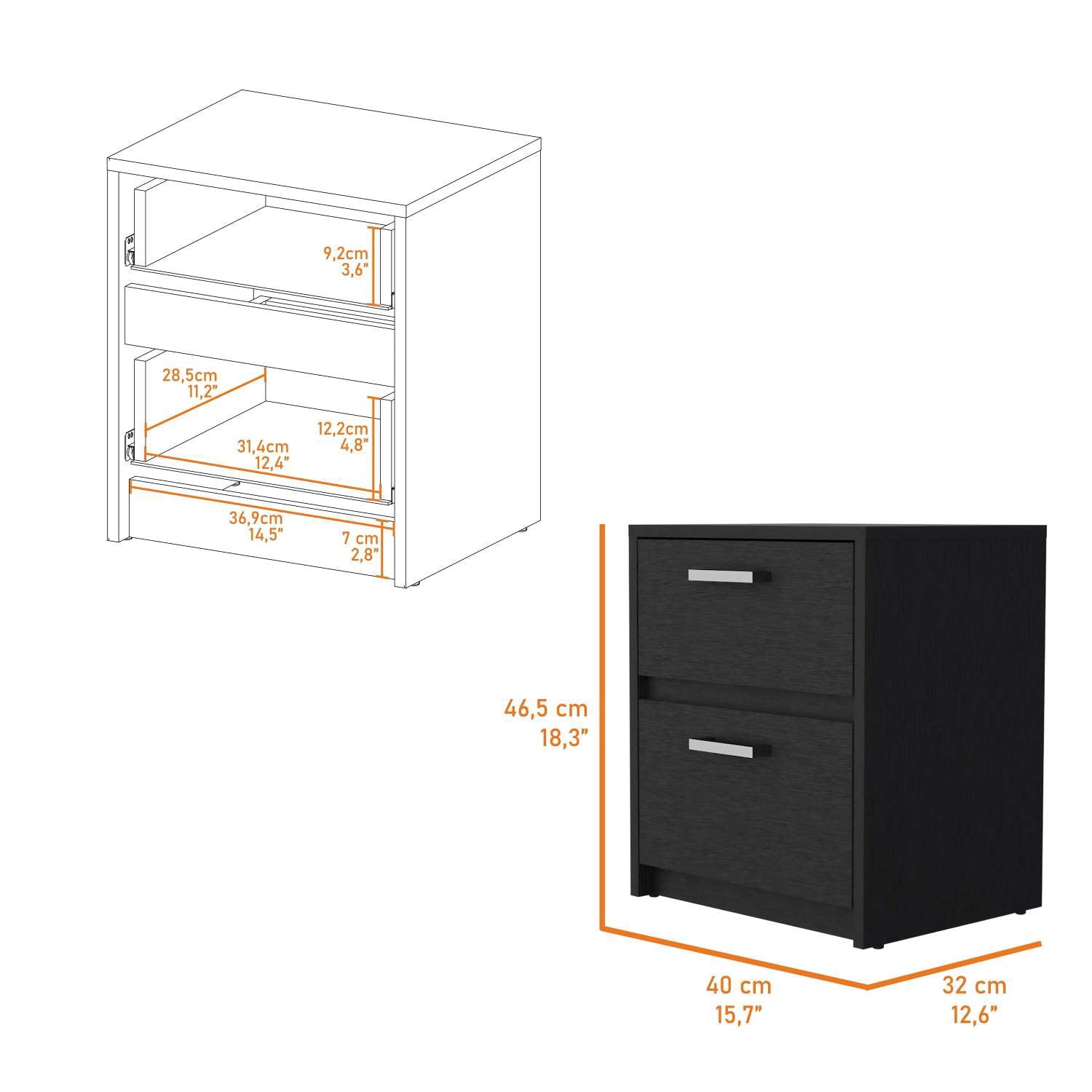 Myrtle 2 Drawers Nightstand, Black Engineered Wood Bedside Table with Metal Handles
