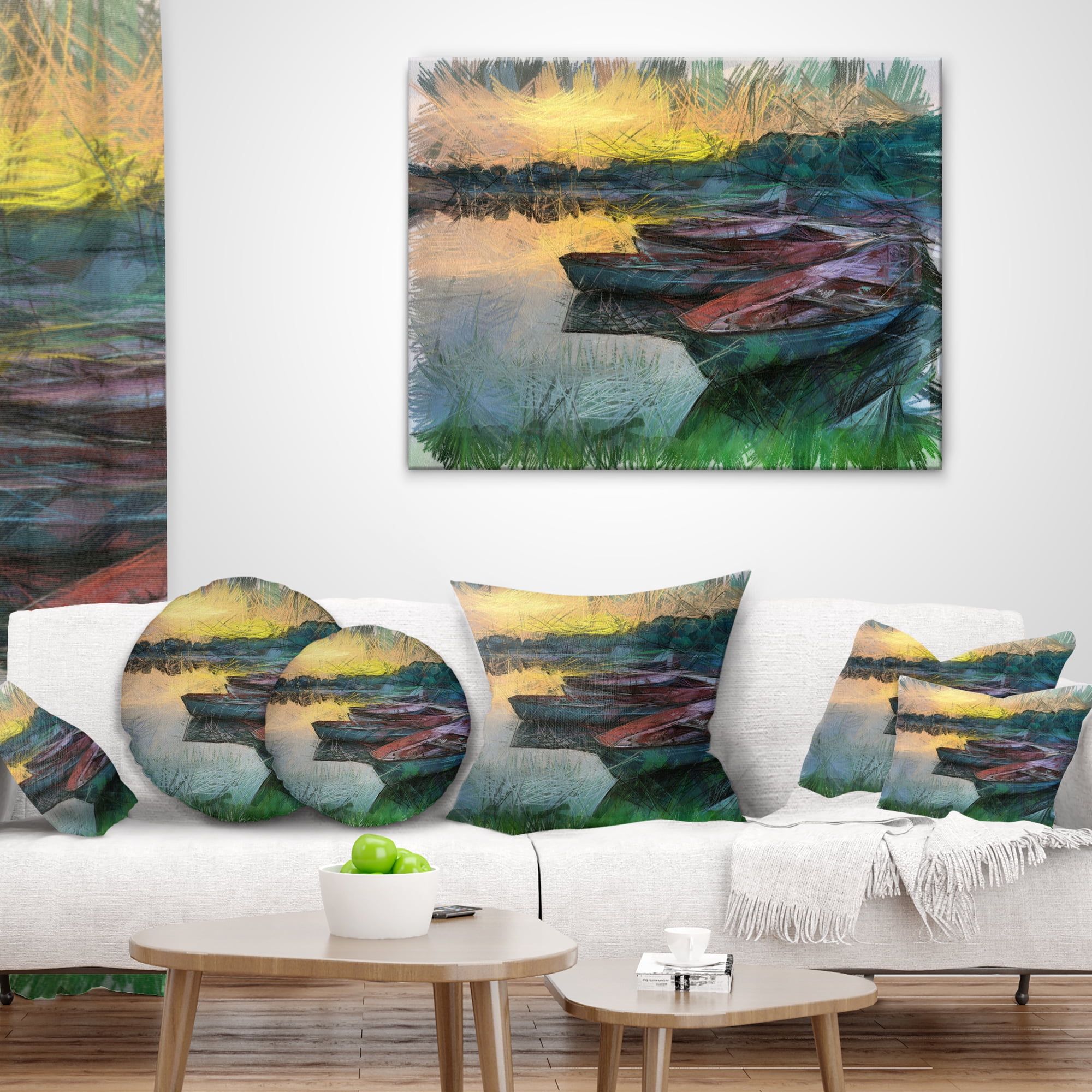 Designart Fishing Boats by River Watercolor - Landscape Printed Throw Pillow - 16x16