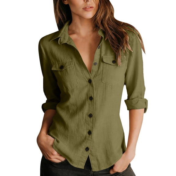 Vivianyo HD Women's Collared Button Down Shirts, Womens Fall Roll Tab Long Sleeve Linen Blend Blouses with Chest Pockets Work Wear, Women's Army Green, Sizes S-2XL