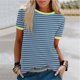 thumbnail image 4 of Blusas para las Mujeres Casual, Rayas Impresas Patchwork Manga Corta Cuello Redondo Top Hecho de 95% Poliéster 5% Spandex para el Verano, Tops Cortos para las Mujeres, 4 of 4
