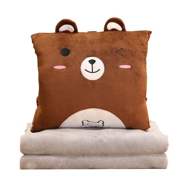 Cartoon Pillow Blanket Multi Function Air Conditioning Blanket Insertable Pillow Hand Warmer for Office Napping Brown Bear