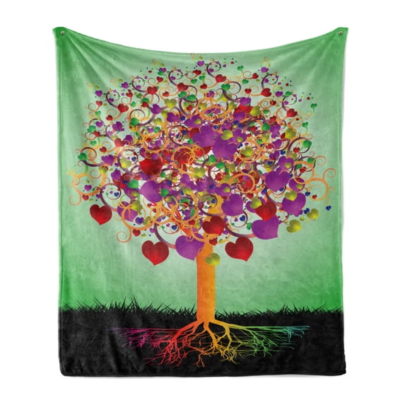 Tree of Life Soft Flannel Fleece Blanket, Colorful Magic Love Tree Blossomed Heart and Round Leaves and Roots Life Theme, Cozy Plush for Indoor and Outdoor Use, 50" x 60", Multicolor, by Ambesonne
