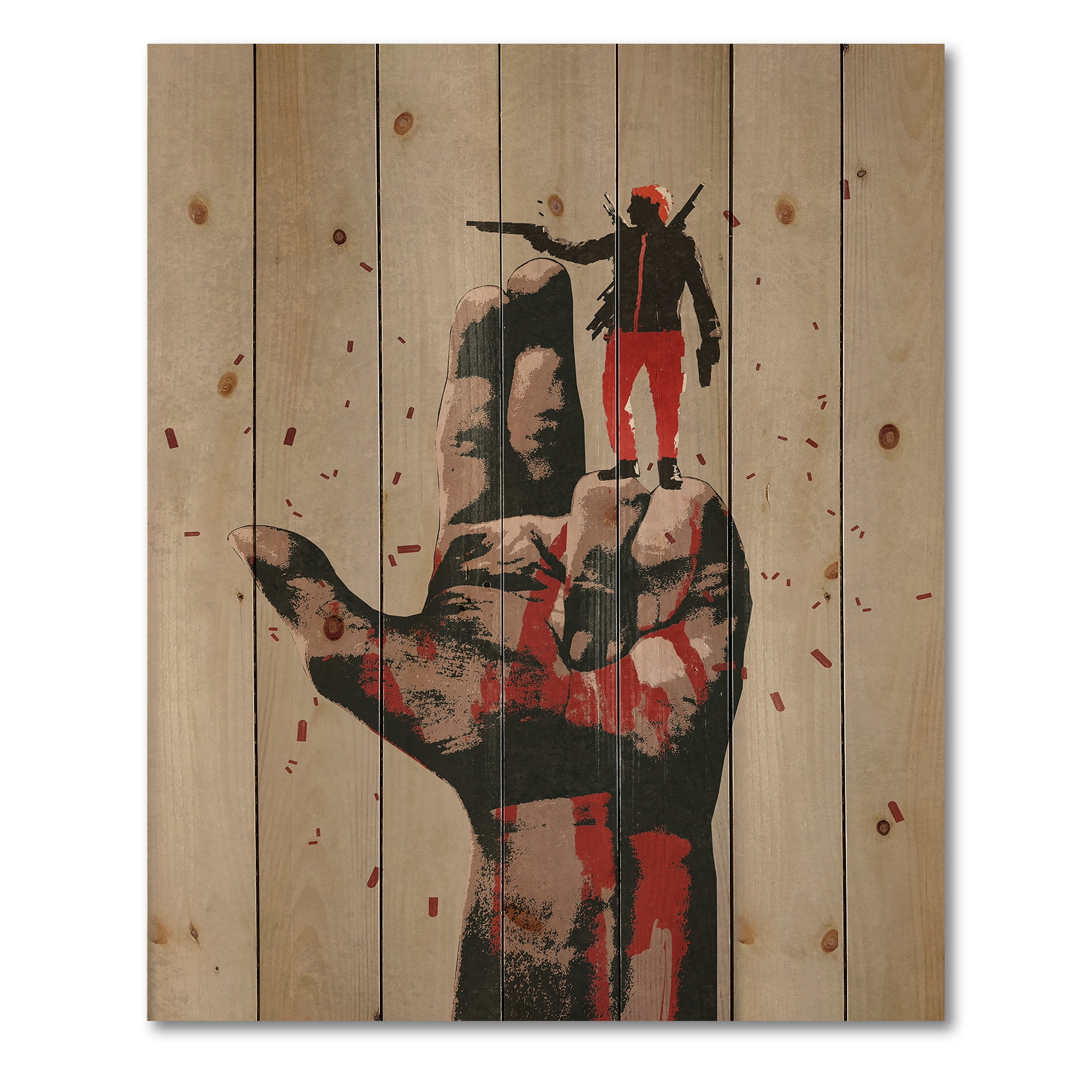 Designart 'Gun Hand Sign With Man Shooting Gun' Modern Print on Natural Pine Wood