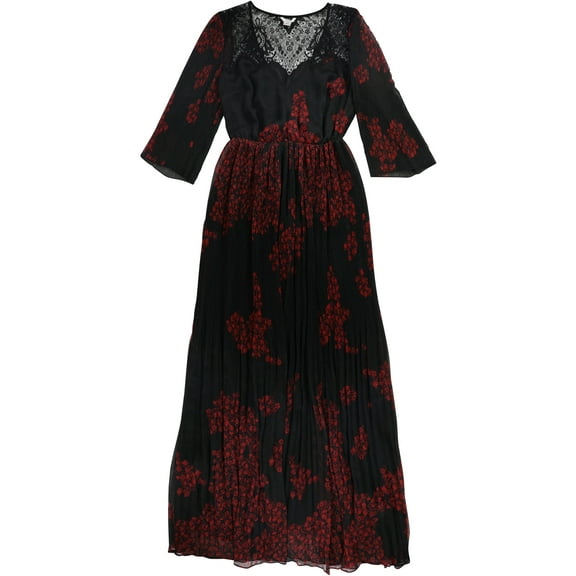 GUESS Womens Rose Print Lace Pleated Maxi Dress, Red, X-Small