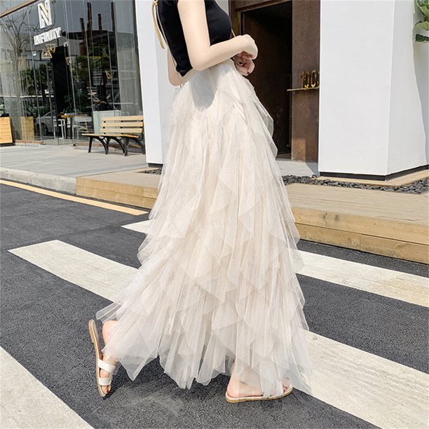 Txlixc Falda larga, cintura elástica irregular, cintura alta y multicapa Txlixc moda