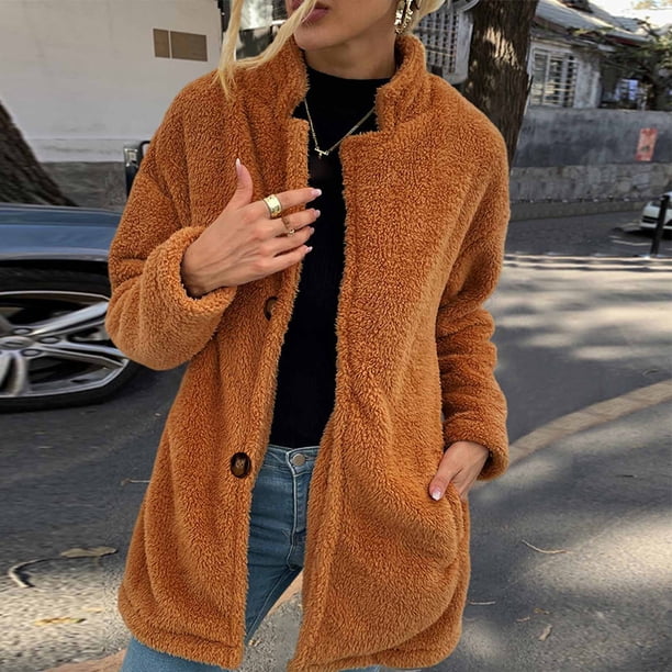 Pntutb Mujer Otoño e Invierno Color sólido Mangas largas Chaqueta de lana de doble cara Rebeca Abrigo Liquidación Pntutb Pntutb-1708