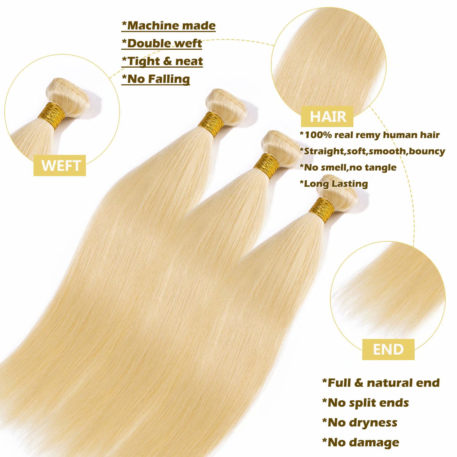 Benehair Brazilian Blonde Human Hair Bundles 100% Virgin Human Hair Bundles Thick Hair Weave Extensions Soft Straight Hair 1 bundle 100g