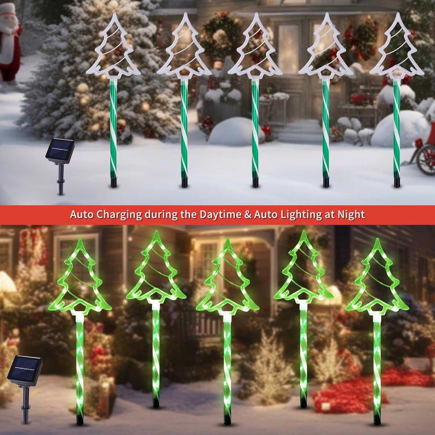 Christmas Solar Pathway Lights Outdoor Decorations, 8 Modes Xmas Tree Candy Lights Waterproof Led Garden Stake Light for Walkway Yard Lawn Porch Holiday Decor 5-Pack