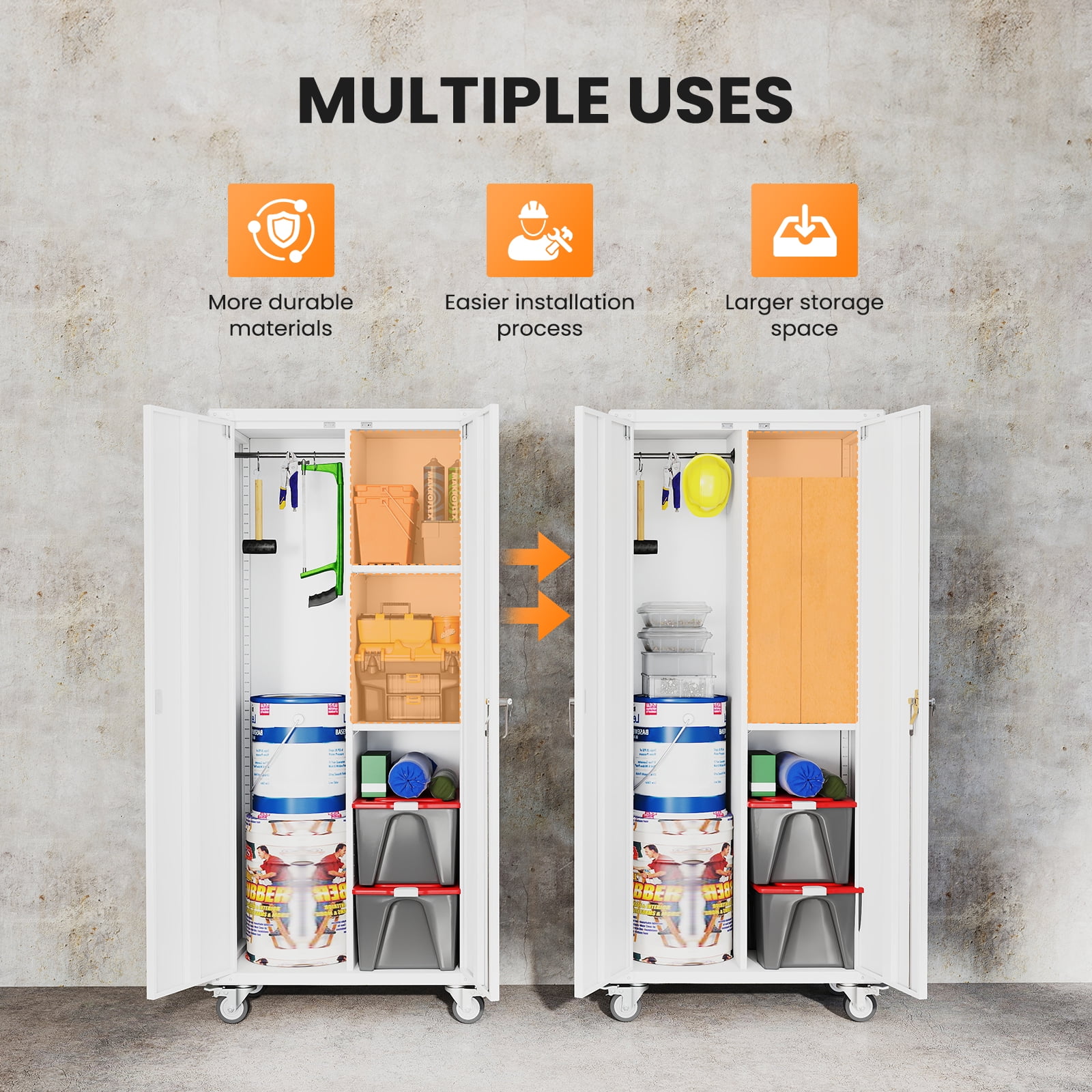 MCQ Metal Broom Storage Cabinet with Lock, Rolling Cleaning Tool Organizer for Mop, Dustpan, Garage, Laundry Room, 4 Lockable Casters, Easy Assembly