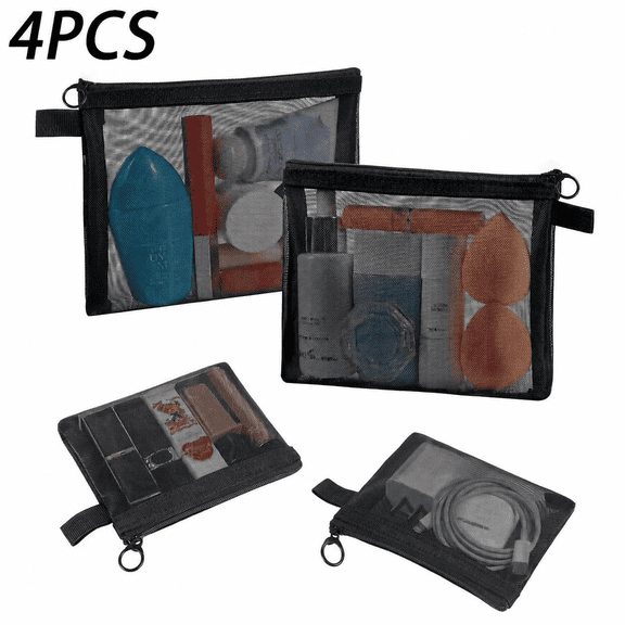 4 Pack Mini Mesh Cosmetic Pouch, Zipper Nylon Storage Bag, Multipurpose Organizer for Home, Office, Purse, Black