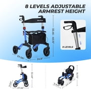 MaxKare Rollator Walker with 8” All Terrain Wheels, 8 Level Adjustable Handle, Foldable Walkers for Seniors with Seat & Backrest, 300lbs, Blue