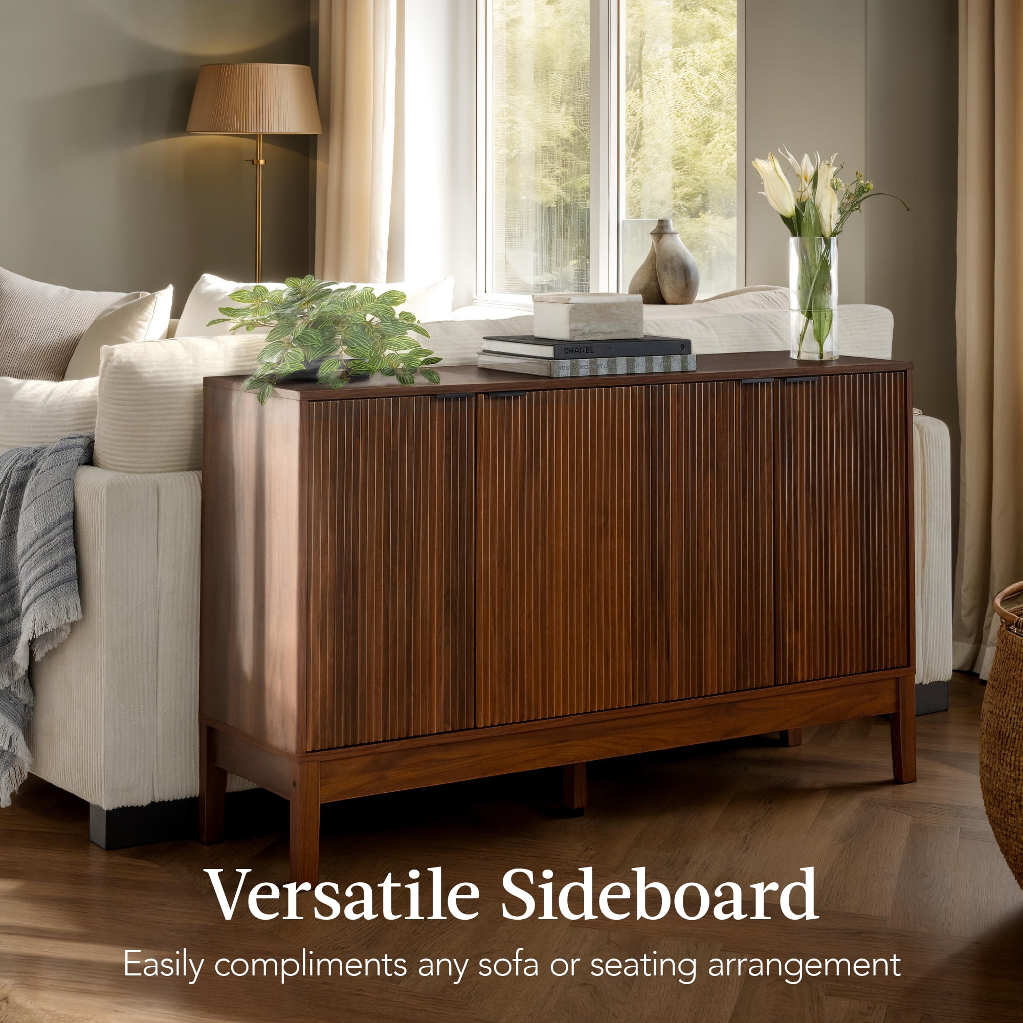Best Choice Products 4-Door Reeded Storage Cabinet w/ Soft-Close Doors, Multipurpose Accent Furniture - Walnut