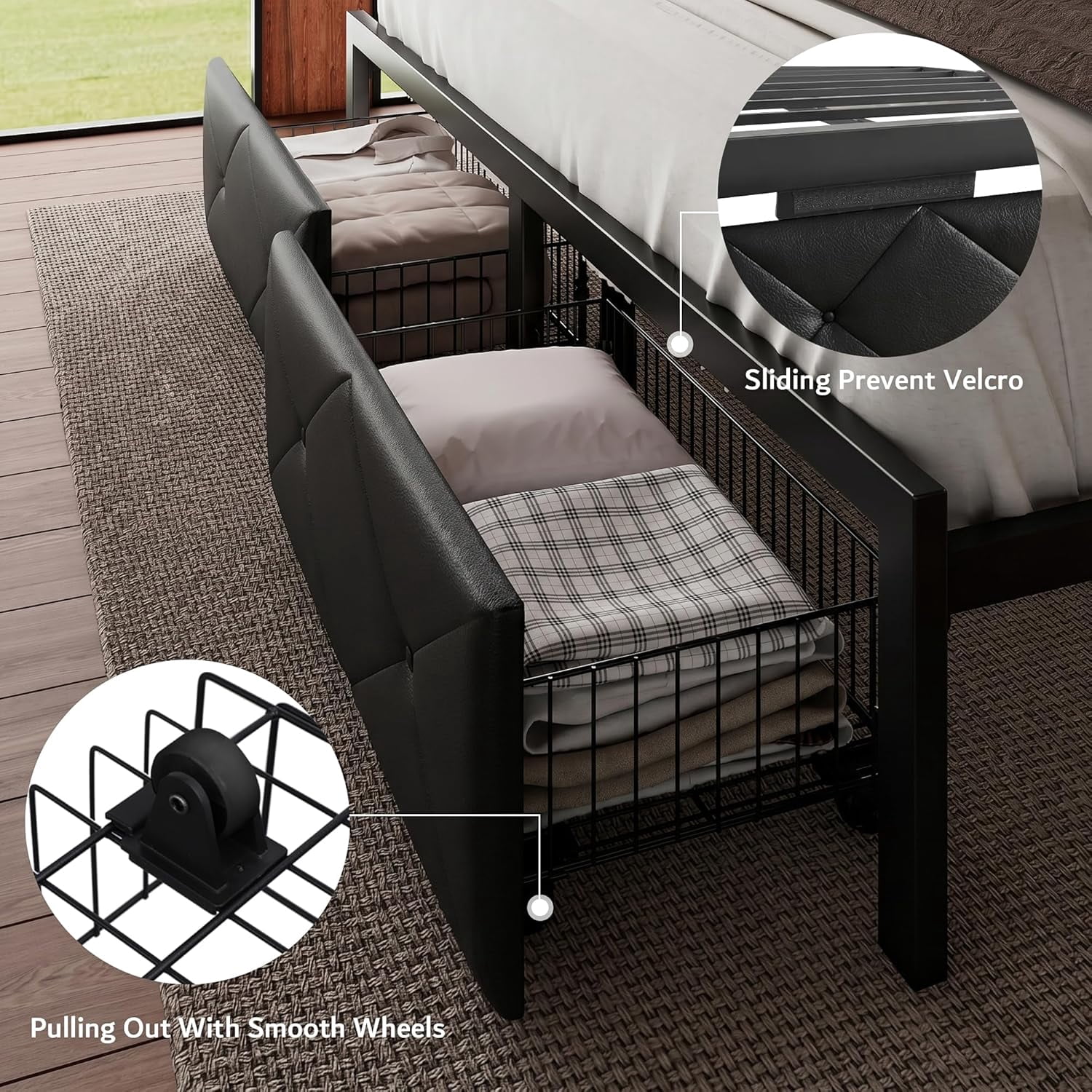 Honfach King Bed Frame with Storage Drawers, PU Leather Upholstered Platform Bed Frame with Charging Station, No Box Spring Needed, Heavy-Duty Metal Slats Support, Noise-Free, Easy Assembly, Black