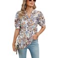 thumbnail image 3 of TEMOFON Summer Tops for Women Shirts Puff Sleeve Tunic Retro V Neck Blouse Casual Fashion Paisley White Flower Print Loose Fit Plus Size XXL, 3 of 5