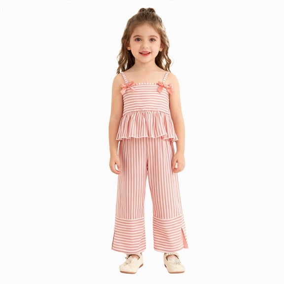 TOWED22 Toddler Baby Girl 2 Piece Outfit Sleeveless Lace Top Solid Color Long Pants Casual Summer Clothes(Pink,4-5 Y)
