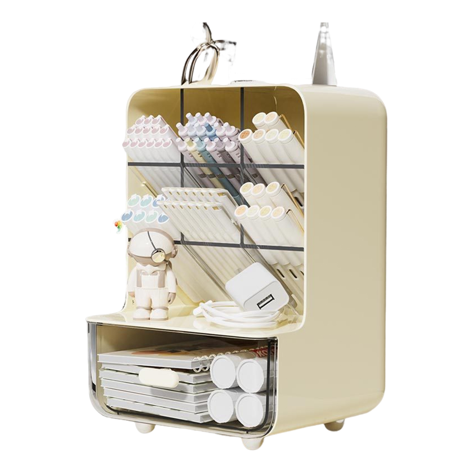 Naierhg Slant Pen Holder Desk Stationery Storage Box with Transparent Drawer Large Capacity Dust-Proof Storage Rack Desk Organizer