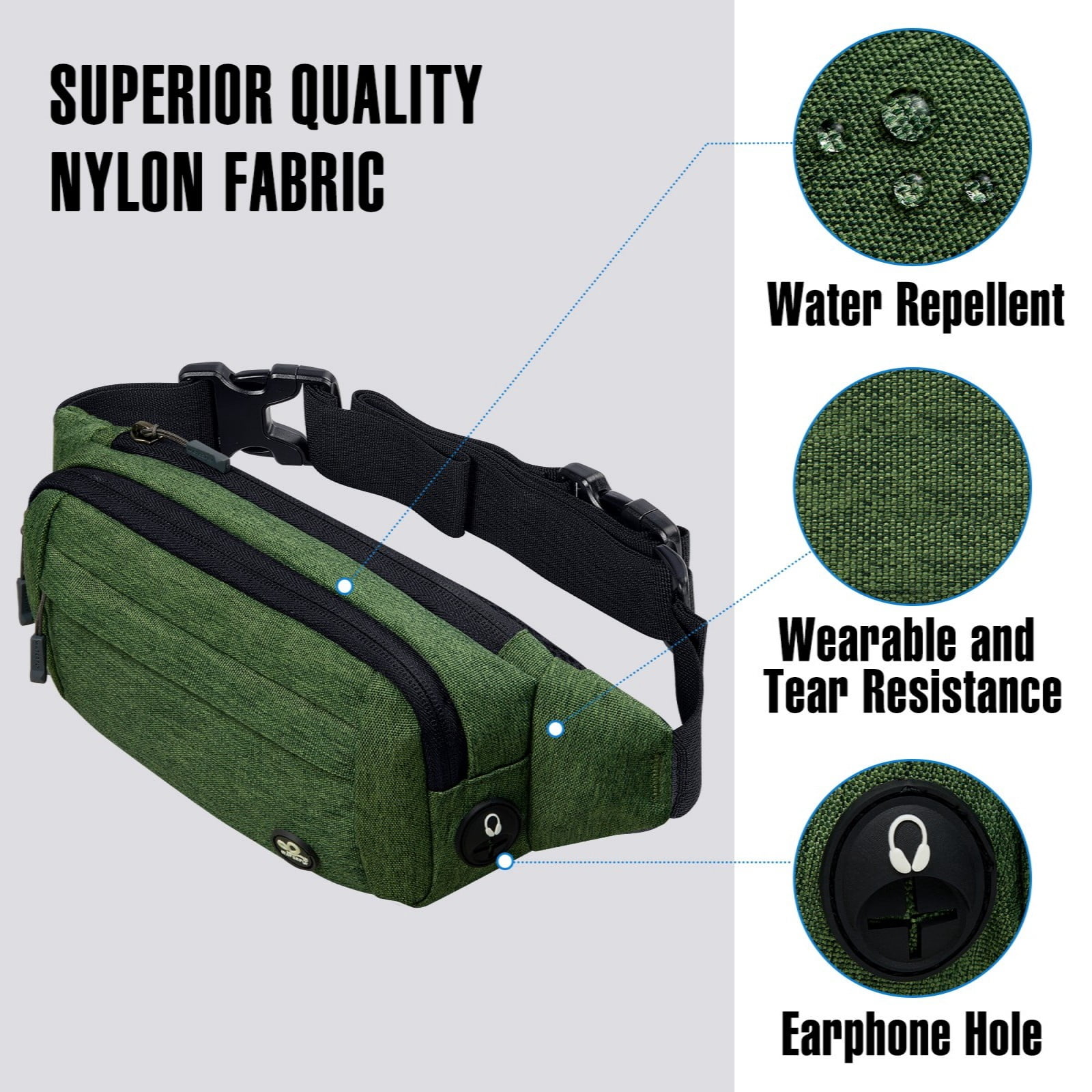 WATERFLY Unisex Lightweight Running Hiking Jogging Nylon Fanny Pack Waist Bag-Army Green