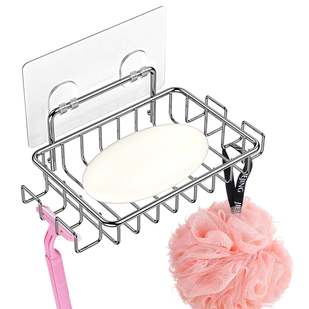 Bar Soap Holder for Shower Wall with 4 Hooks, Stainless Steel Adhesive