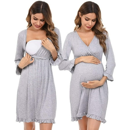

3 in 1 Labor Maternity Nursing Nightgown Hospital Gown for Women Deep V Neck Long Sleeve Breastfeeding Sleep Dress Pleated Nightshirt Ruffle Trim Sleepwear Gown XS-XL Gray