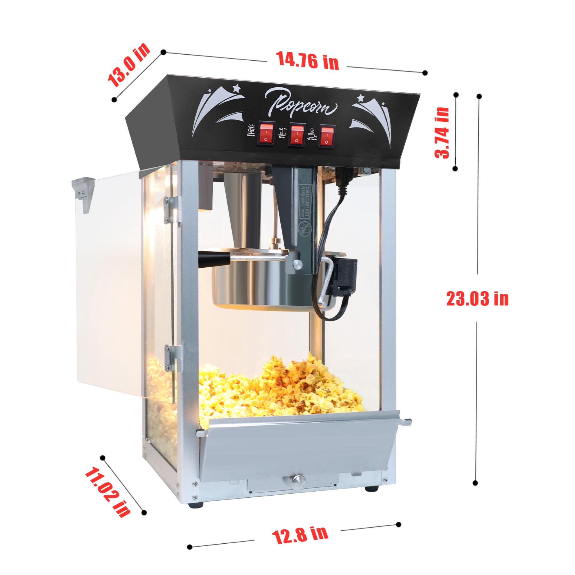 Leumius Commercial Popcorn Machine, 12 Ounce Kettle Stainless Steel Popcorn Maker with Tempered Glass, Warming Deck, 850W Countertop Popcorn Popper for Parties, Events, Home Theater Black
