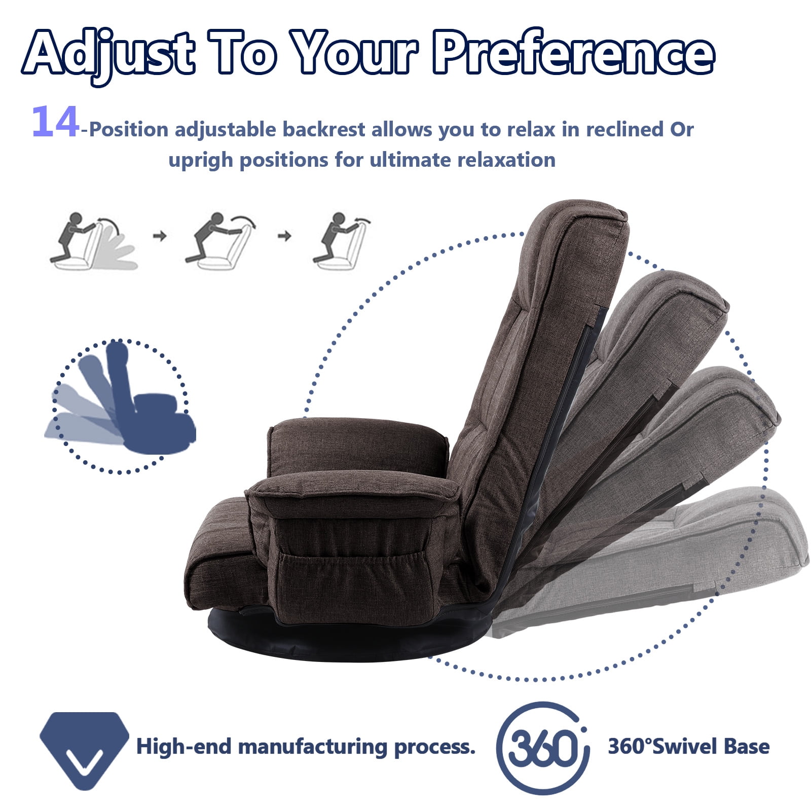 360 Degree Swivel Floor Chairs for Adults, Gaming Floor Chair with Back Support, 14 Angles Adjustable Comfortable Floor Lounge Chair Folding Video Game Chairs Office Bedroom