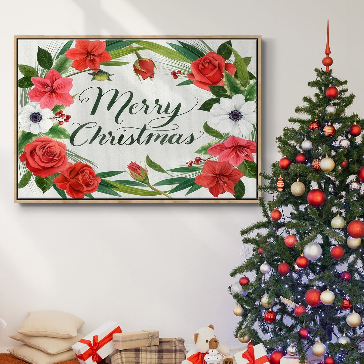 Christmas Flora Wreath Collection A - Framed Gallery Wrapped Holiday Canvas - 17 x 25 - Natural Wood Frame