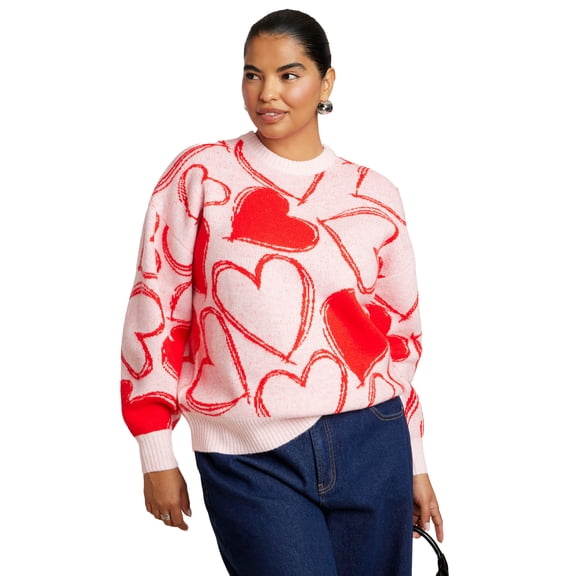ELOQUII Women's Plus Size Scattered Heart Sweater