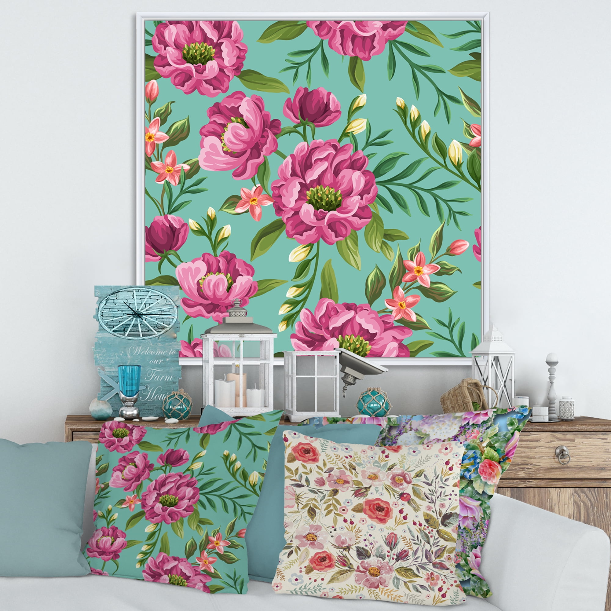Fuchia Pink Flowers On Green VIntage 36 in x 36 in Framed Painting Canvas Art Print, by Designart