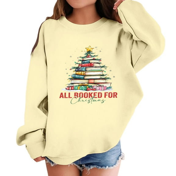 Children's Casual Pullover Sweatshirt with Christmas Tree Book Stack Print Long Sleeve Crewneck Loose Fit Top for Winter Holiday