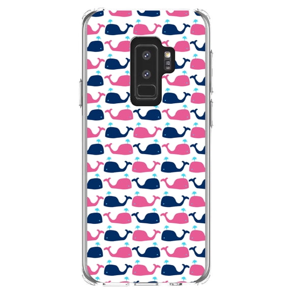 DistinctInk Clear Shockproof Hybrid Case for Samsung Galaxy S9  PLUS (6.2" Screen) - TPU Bumper, Acrylic Back, Tempered Glass Screen Protector - Pink Navy Cartoon Whales - Cartoon Whales