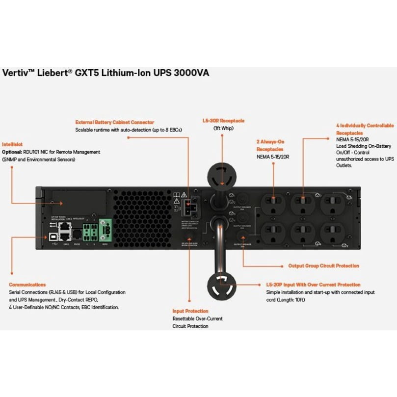 Vertiv Liebert GXT5 Lithium-Ion N Online UPS 3000VA/2700W 120V Tower/Rack UPS - RDU101 Network Card Included | Single-phase UPS | 0.9 Output Power Factor | Lowest TCO | full-color LCD Interface| 5-...