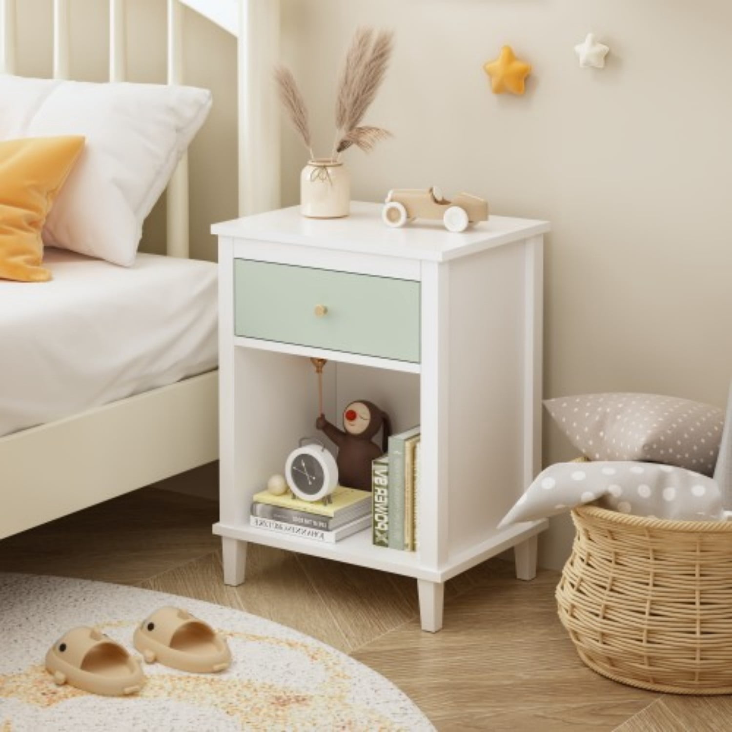 26.77" Wooden Nightstand with Drawer and Open Shelf, Modern Bedside Table for Kids & Adults, MDF End Table with Silver Handle, White+Green