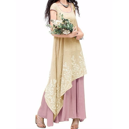 Maxi Scoop - Women's Maxi Dresses Scoop Sleeve Linen Fake Two Hem Embroidery Floral