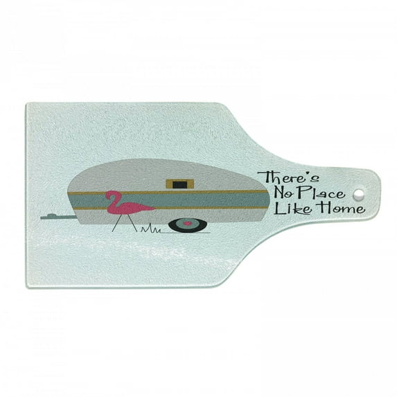 Travel Cutting Board, There's No Place Like Home Calligraphy with a Flamingo and a Camp Trailer, Decorative Tempered Glass Cutting and Serving Board, in 3 Sizes, by Ambesonne