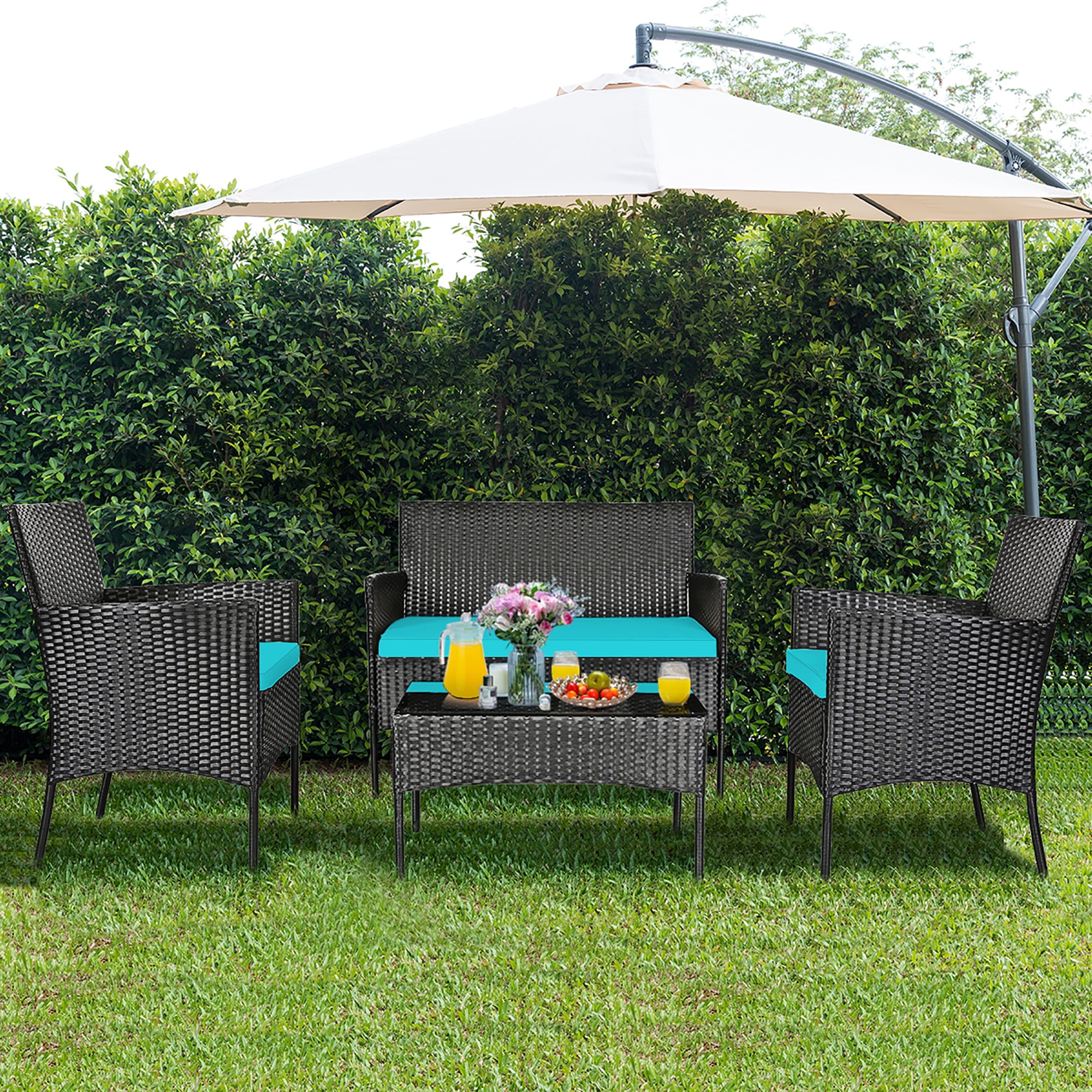 Costway 4PCS Patio Rattan Furniture Set Cushioned Sofa Coffee Table Backyard Turquoise