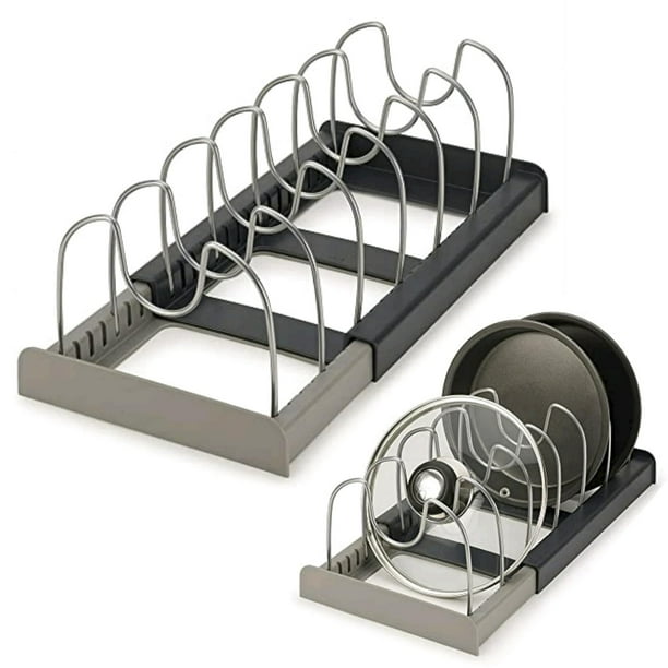Estante organizador de sartenes expandible, 10 compartimentos ajustables para almacenamiento de ollas, tapas, vajillas, organizador de tapas de ollas, estante para sartenes