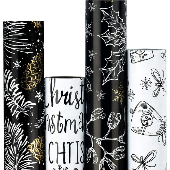 Christmas Gift Wrapping Paper Classic Black and White Style Designs Wrap Paper Birthday, 4 Rolls, 58"x23" Per Roll