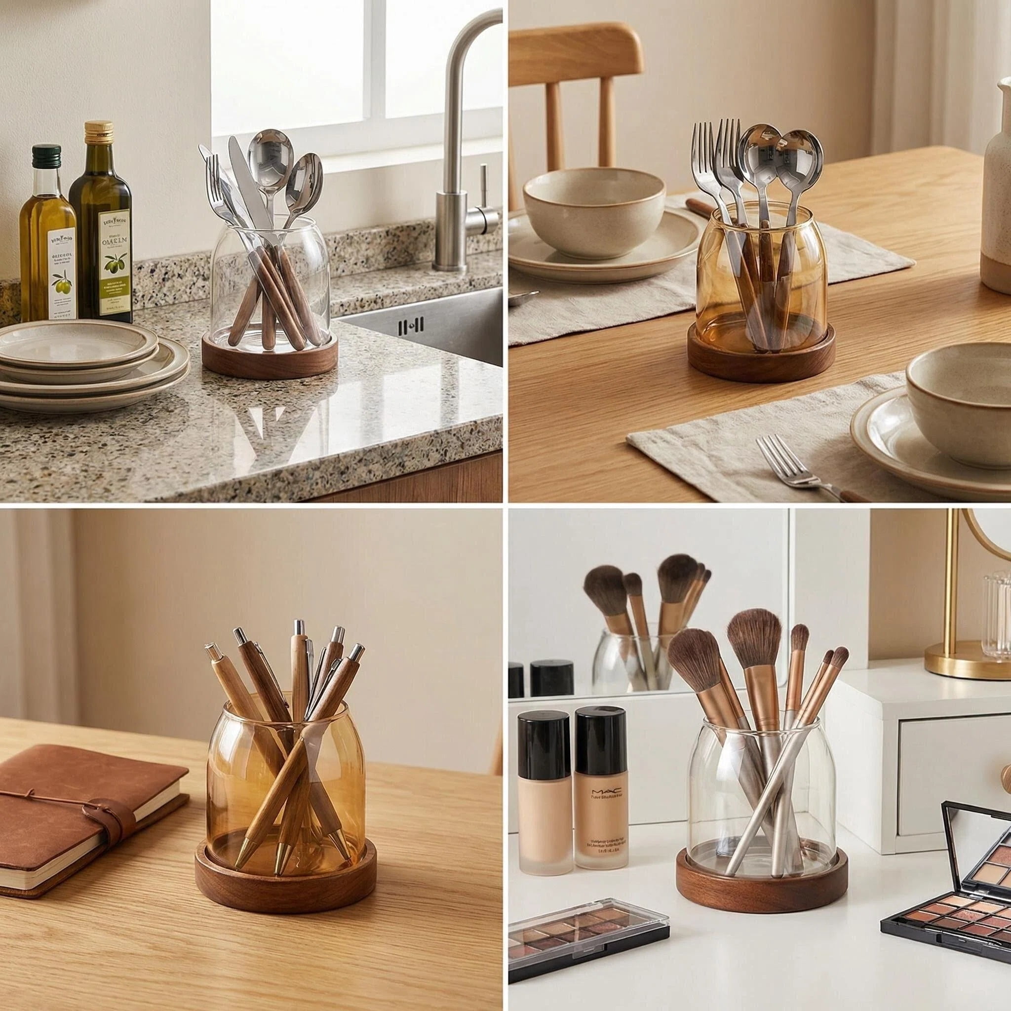Glass Utensil Holder With Wooden Base,Fork And Spoon Set With Wood Handles,Cutlery Caddy For Kitchen Afternoon Tea Ice Cream Cake Stainless Steel