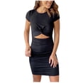 thumbnail image 2 of Mefallenssiah Women'S Spring and Summer Solid Color Tight Pleated Wrapped Hip Cutout Short Sleeve Dress, 2 of 6