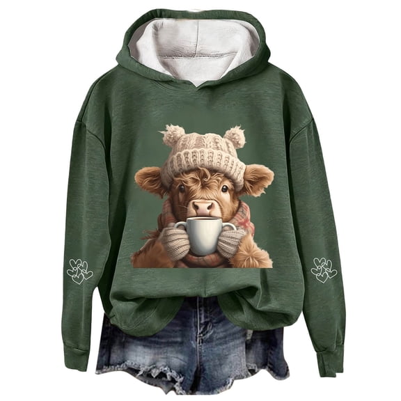 Puliio Womens Oversized Highland Cow Print Pullover Hoodies Fall Casual Long Sleeve Hooded Sweatshirts with Kangaroo Pockets