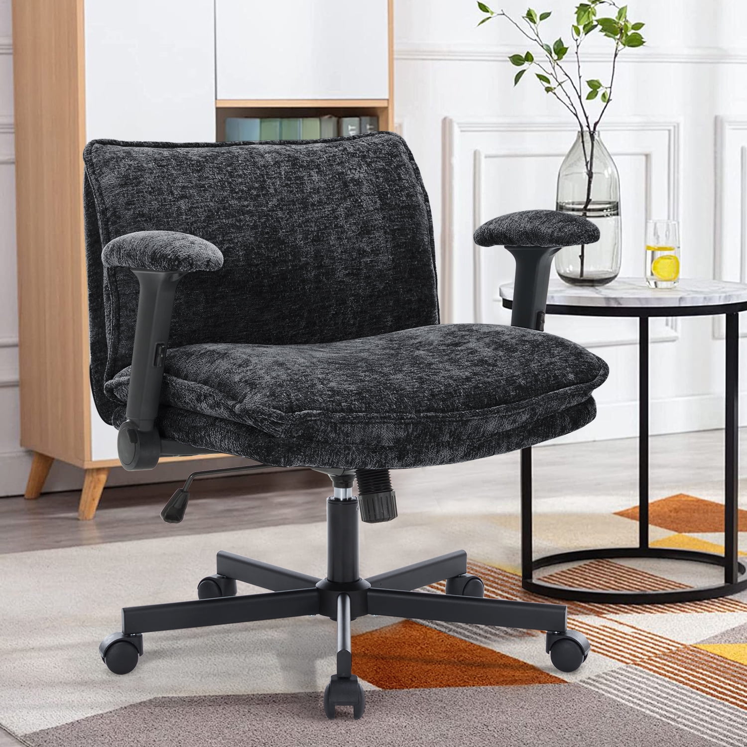 Criss Cross Chair with Wheels and Adjustable Flip-Arms, Cross Legged Office Chair with Thick Cushion, Wide Makeup Vanity Chair, Comfy Swivel Desk Chair for Home Office, Apartment, Bedroom, Black