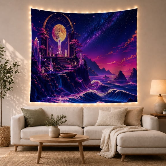 Moonlit Castle Above Dark Neon Ocean Waves, Mystical Fantasy Style for Ocean Lovers, Coastal Wall Art, Housewarming Gift, Tapestry Wall Hanging for Bedroom and Dorm