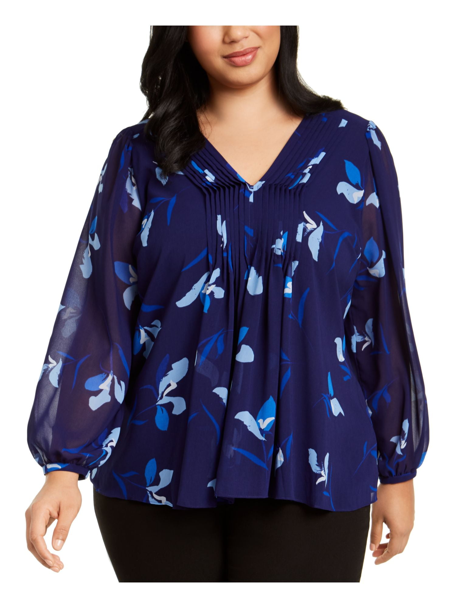 CALVIN KLEIN Womens Blue Floral Long Sleeve V Neck Tunic Top Size 1X ...