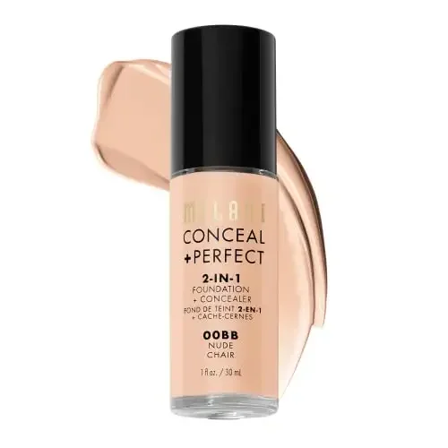 Milani Conceal + Perfect 2-in-1 Foundation + Concealer - Nude (1 Fl. Oz.) Base líquida libre de crueldad animal - Cubre círculos debajo de los ojos, imperfecciones y decoloración de la piel para una
