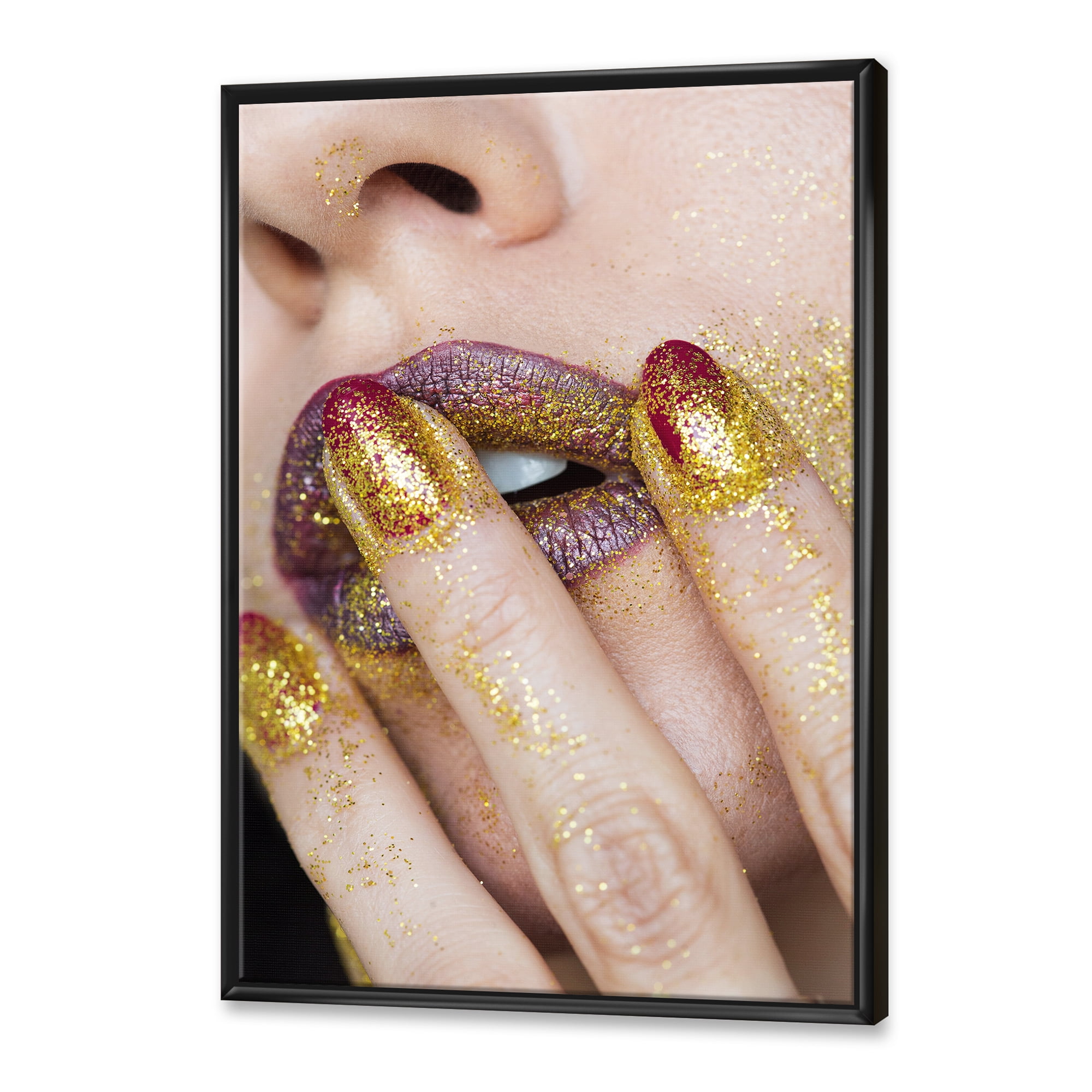 Designart 'Close-Up Of Woman Golden Gold Glitter Lipstick' Modern Framed Canvas Wall Art Print